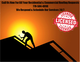 Silhouette of a roofer at sunset with contact info and licensed stamp.