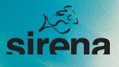 Logotipo com a palavra "sirena" e um desenho estilizado de peixe em fundo azul.