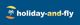 Logo mit Palme auf blauem Hintergrund, Text: "holiday-and-fly".