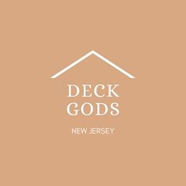 Tan logo with "Deck Gods" and "New Jersey" beneath a roof outline.