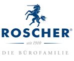 Logo von Roscher: Ein Einhorn über dem Firmennamen, darunter der Slogan "Die Bürofamilie".