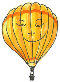 Lächelnder Heißluftballon in gelb-orange mit Gesicht, gezeichnet auf weißem Hintergrund.