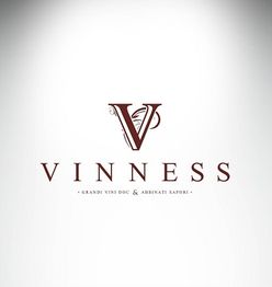 Logo di Vinnes con una grande "V" e testo "Grandi vini DOC & abbinati sapori". Sfondo bianco.
