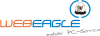 Logo mit dem Schriftzug "WEBEAGLE" und Slogan "smarter PC-Service", dazu ein Adler-Symbol.