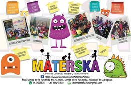 Colorido cartel de CEDI Materska con fotos de niños y personajes animados monstruosos.
