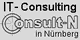 Logo mit der Aufschrift "IT-Consulting Consult-N in Nürnberg" auf grauem Hintergrund.