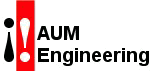 Logo von AUM Engineering mit einem roten Ausrufezeichen in einem vertikalen Balken links.