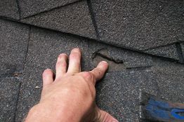 Hand examining damaged roof shingle with a visible tear.