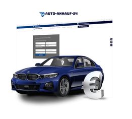 Blaues Auto mit Euro-Symbol und Auto-Ankauf-24 Webseite im Hintergrund.