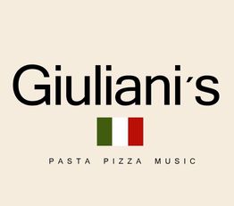 Logo de Giuliani's con bandera italiana y texto: Pasta, Pizza, Music. Fondo beige.