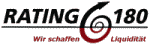 Logo mit Text "RATING 180" und Slogan "Wir schaffen Liquidität." Spirale im Hintergrund.