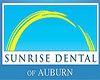 Logo of Sunrise Dental of Auburn with a yellow arc on a blue background.