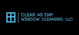 Blue logo for "Clear as Day Window Cleaning, LLC" with a stylized window icon on black background.