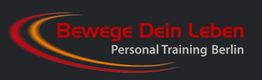 Rotes Logo mit Text "Bewege Dein Leben, Personal Training Berlin" auf schwarzem Hintergrund.