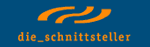 Logo mit orangefarbenen Linien und Text "die_schnittsteller" auf blauem Hintergrund.