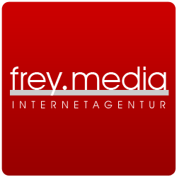 Rotes Logo mit weißem Text: "frey.media INTERNETAGENTUR".