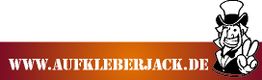 Logo mit Text: "WWW.AUFKLEBERJACK.DE", daneben eine Comic-Figur mit Zylinder, die ein V-Zeichen macht.
