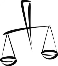 Abstrakte Darstellung einer Waage mit stilisierten, geschwungenen Linien in Schwarz.