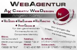 Webagentur-Flyer mit Kontaktinfos, Webdesign, Webbusiness und Printdesign von AK Creativ WebDesign.