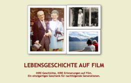 Collage mit Fotos älterer Personen und Landschaft, Text: "Lebensgeschichte auf Film".