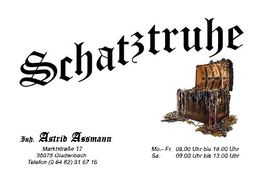 Geschäftsname "Schatztruhe" mit Bild einer Schatzkiste. Öffnungszeiten und Adresse sind angegeben.