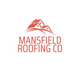 Red house rooftops with "Mansfield Roofing Co" text in bold red letters below.