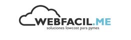 Logo de Webfacil.me con nube y texto: "soluciones lowcost para pymes" en colores negro y azul.