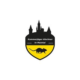 Logo von Kammerjäger Alschner in Maintal mit Burgsilhouette und einer Ratte auf gelbem Hintergrund.