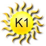 Gelbe Sonne mit Flammenstrahlen und der Aufschrift "K1" in der Mitte.