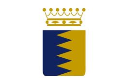 Wappen mit blau-goldenem Zickzack-Schild und goldener Krone mit runden Verzierungen darüber.