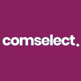 Weiße Schrift "comselect" auf lila Hintergrund.