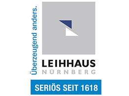 Logo des Leihhaus Nürnberg mit Slogan "Überzeugend anders" und "Seriös seit 1618".