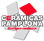 Logotipo de "Cerámicas Pamplona" con fondo negro y texto en blanco y rojo.