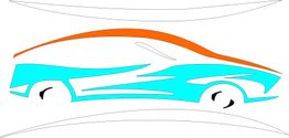 Abstrakte Auto-Silhouette in Blau und Orange auf weißem Hintergrund.