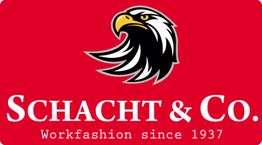 Rotes Logo mit Adlerkopf und weißem Text: "SCHACHT & CO. Workfashion since 1937".