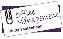 Logo mit Büroklammer, "Office Management" und Name "Sindy Tautenhahn" in lila Schrift.