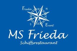 Blaues Logo mit Windrose, Text: "MS Frieda Schiffsrestaurant", "N", "S", "Frieda", "Event".