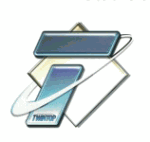Logo mit stilisiertem "T", ringförmiger Schleife und geometrischen Formen in Blau und Grau.