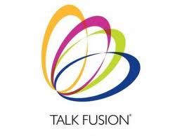 Logo: Farbig verwobene Ovale mit dem Text "Talk Fusion" darunter.
