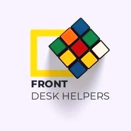 Rubik's cube logo with "Front Desk Helpers" text and yellow square background.