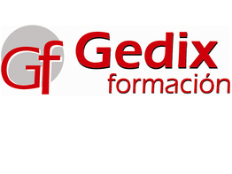 Logotipo de Gedix Formación con letras rojas y fondo blanco, círculo gris detrás de las iniciales.