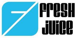 Blaues Logo mit stilisiertem "F" und dem Text "Fresh Juice" in schwarzer Schrift.