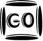 Schwarzes geometrisches Design, stilisierte Buchstaben "G" und "O", dekorative Rahmenlinien.