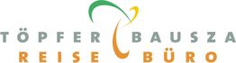 Logo: Töpfer Bausza Reisebüro mit grün-gelbem Schwung über dem Schriftzug.