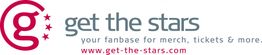 Logo von "get the stars" mit Webadresse und Slogan für Fanartikel und Tickets.