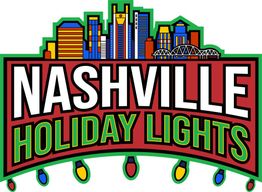 Nashville skyline with "Holiday Lights" text, adorned with colorful bulbs.