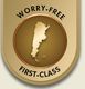 Gold badge with map silhouette, labeled "Worry-Free First-Class."