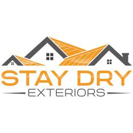 Logo of Stay Dry Exteriors with stylized house roofs in orange and gray.