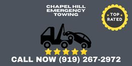 Chapel Hill Emergency Towing ad with phone number and top-rated badge.