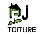 Logo d'entreprise, lettres "FJ" et "TOITURE", maison stylisée en noir et vert.